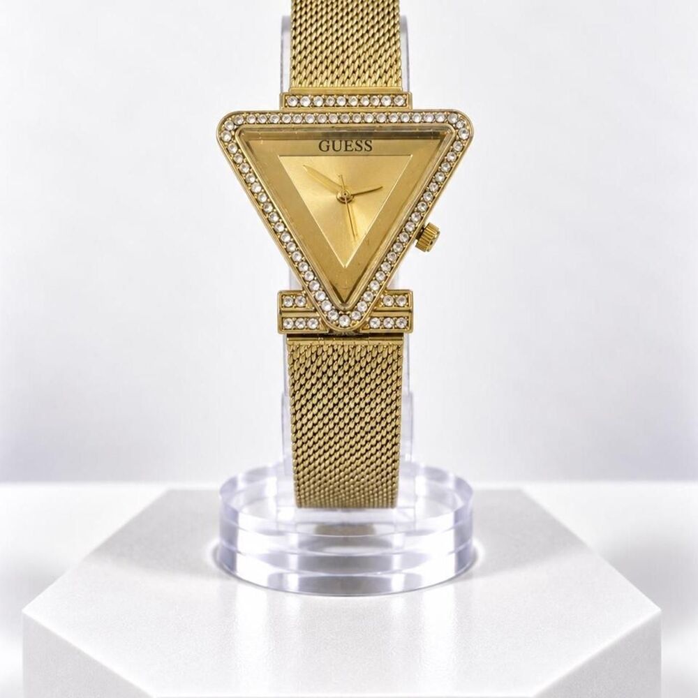 Vintage Gold-Tone GUESS Inverted Triangle Rhinestone Mesh Watch - Picture 2 of 5
